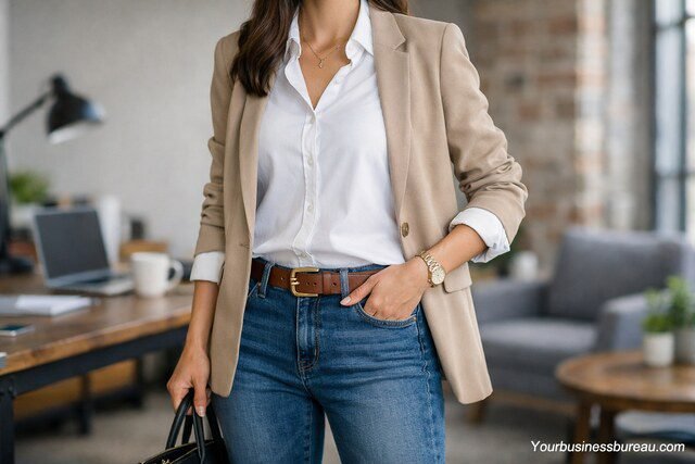 Business casual jeans outfit with blazer and blouse