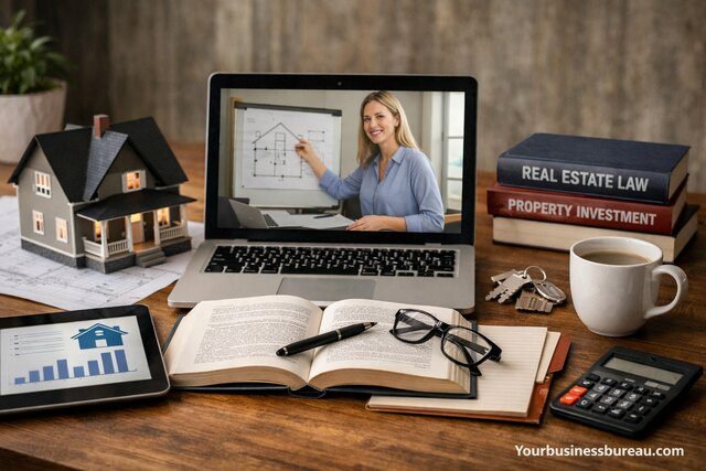 real estate continuing education workspace with laptop and books