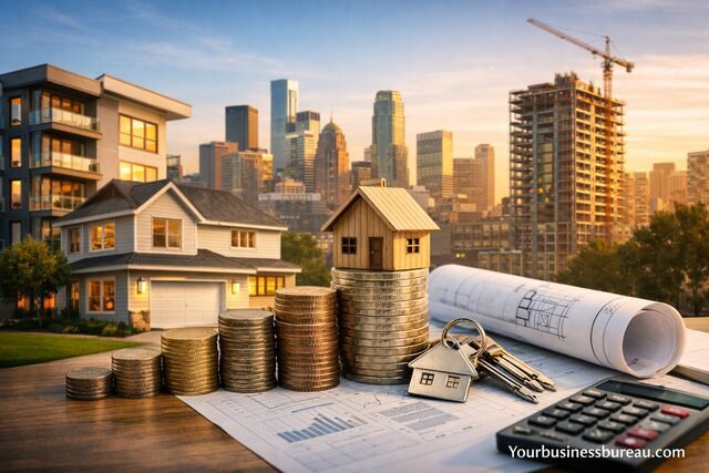 Property investment strategy with houses, coins, and financial tools