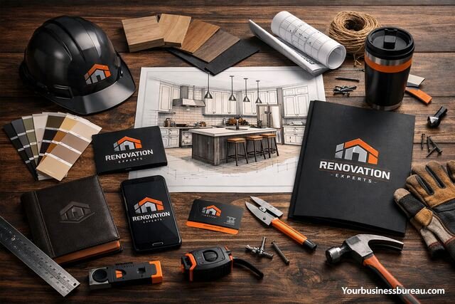 Renovation business branding workspace with tools and design plans