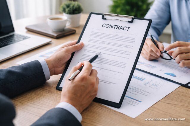 Business professionals reviewing a contract document together