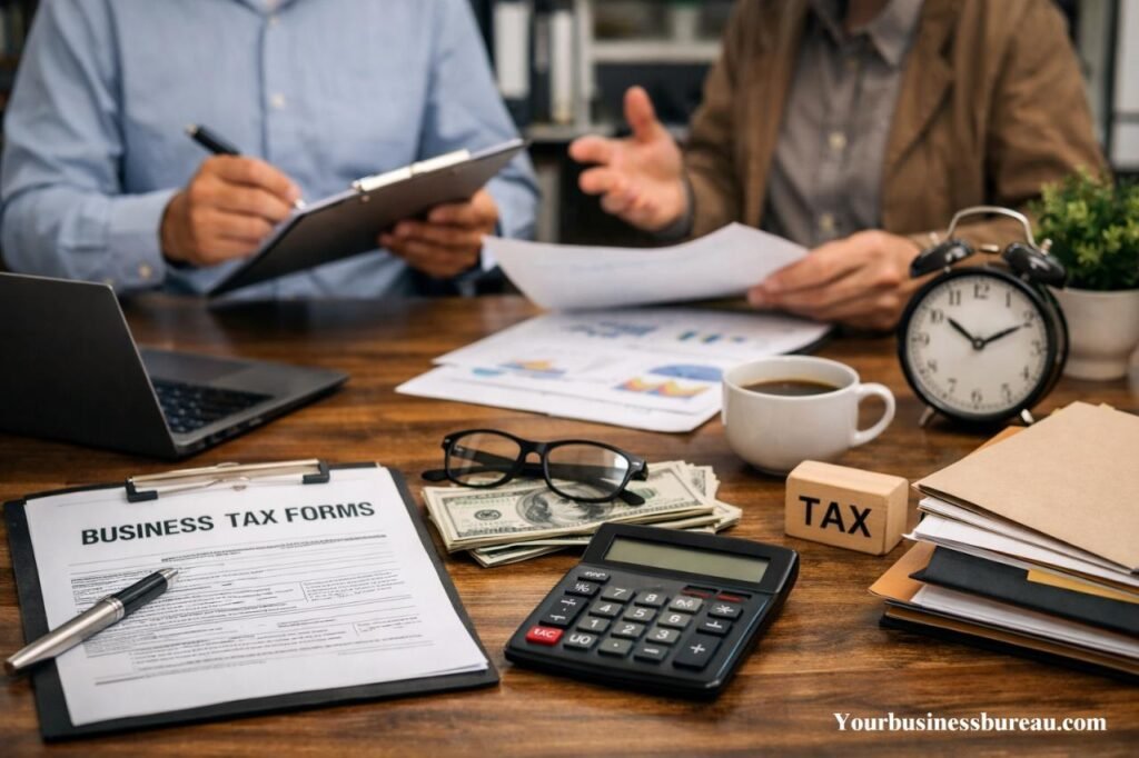 Business tax documents and financial planning workspace