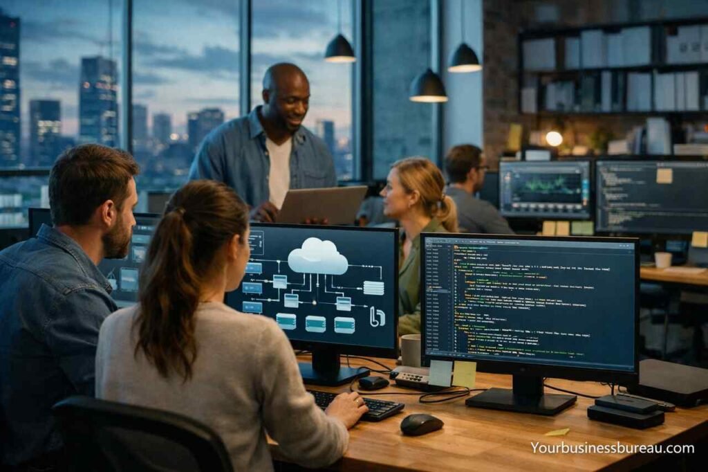 Team working on flexible application architecture in a modern office