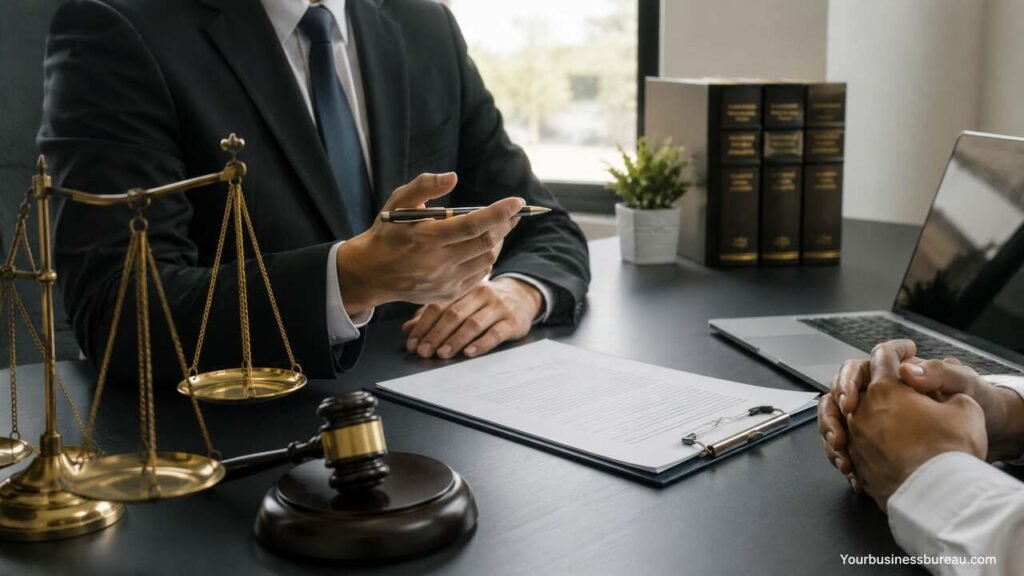 Business Lawyer: Legal Guidance, Risk Management, and Strategic Support for Modern Businesses Business lawyer providing legal guidance to a client in a modern office.