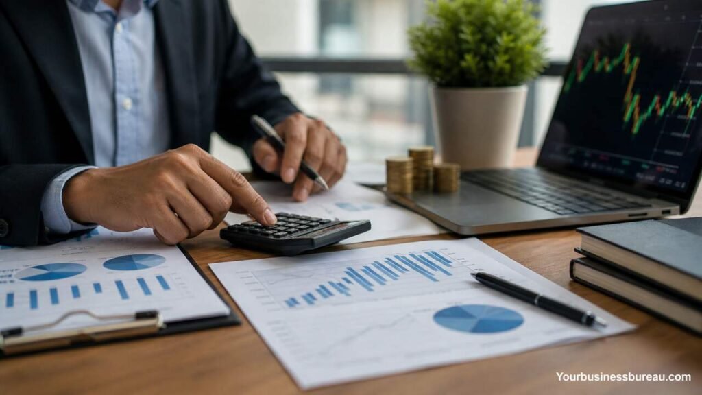 AUM finance calculation with investment reports and stock charts