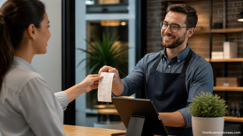 Customer receiving receipt from business owner at checkout