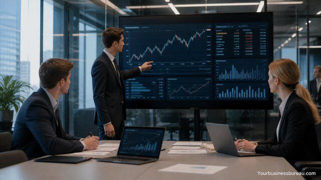 Investment banking professionals analyzing financial data in office