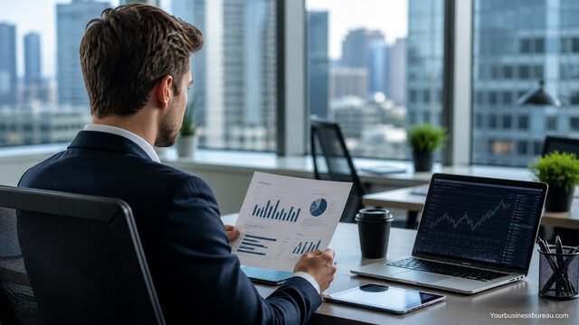 Finance professional reviewing financial data in modern office