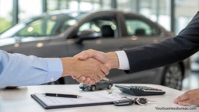 Car financing agreement handshake with keys and documents