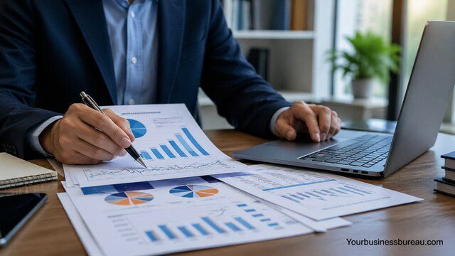 Investor reviewing financial charts for AUM analysis