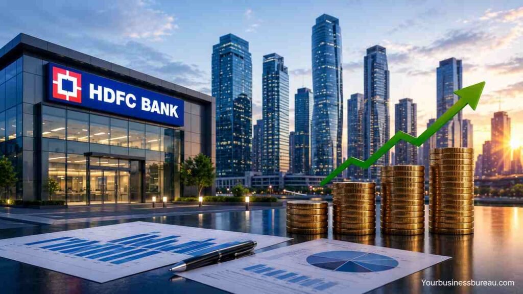 HDFC Bank share price growth analysis with rising financial chart and skyline