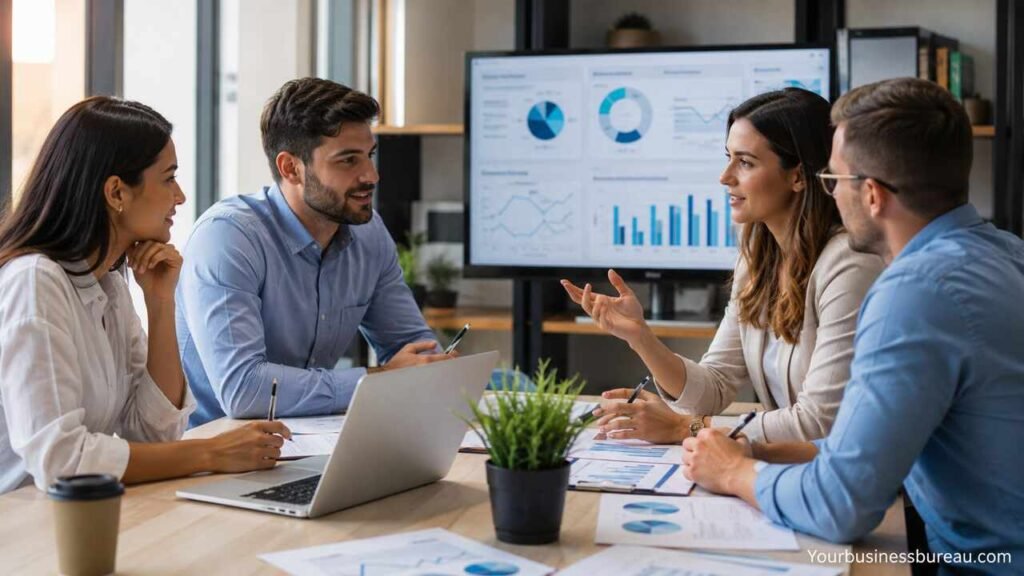 Best SEO Reseller Services for Agencies, Freelancers, and Marketing Firms Professional SEO reseller team discussing digital marketing strategies in a modern office.