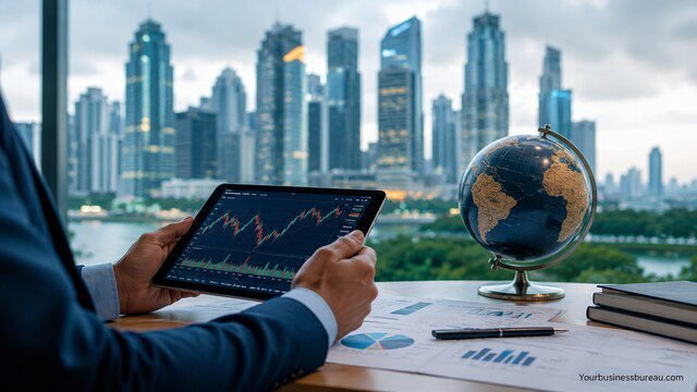 Institutional investor analyzing global stock market trends on digital tablet