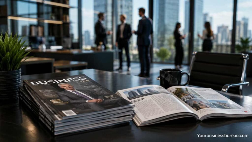 Modern business magazine in a corporate office with professionals networking