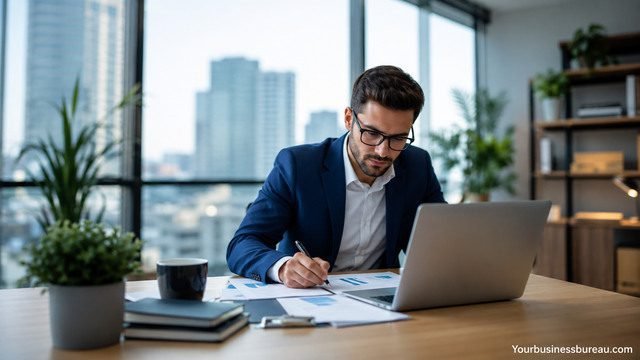 Professional businessman working on high-quality business content in a modern office