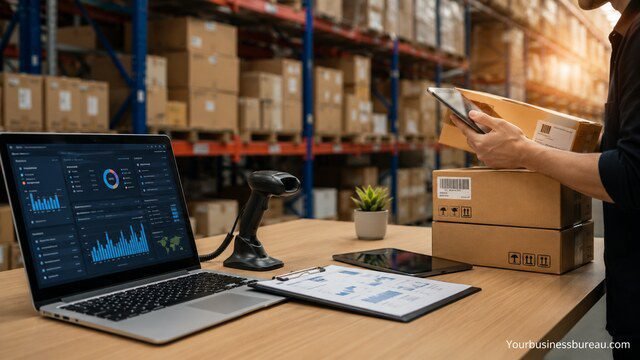 Modern inventory management workflow system in warehouse office