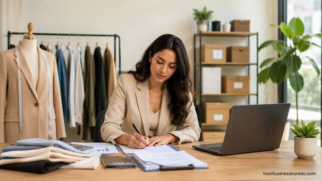 Fashion entrepreneur registering a clothing business in a modern studio