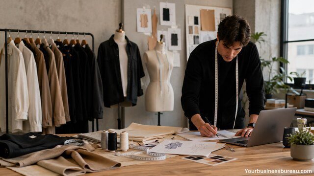 Fashion designer building a strong clothing brand in a modern studio