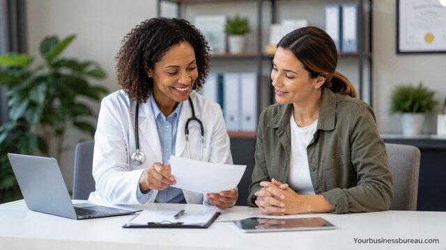 Healthcare professional consulting with a client in a modern office