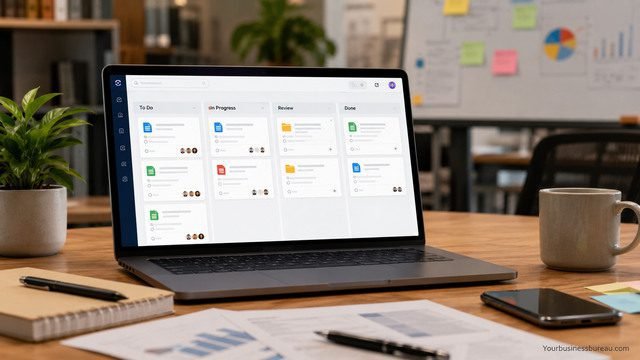 Modern workspace with project management platform for organized file sharing