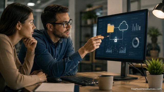 Team monitoring secure file access and collaboration performance on a digital dashboard
