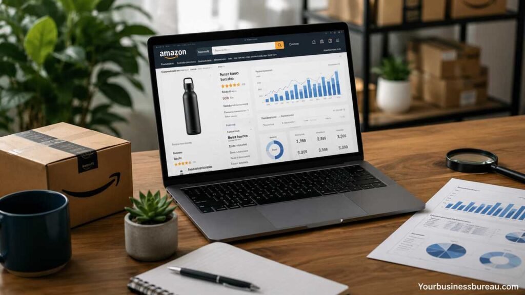 Helium 10 Amazon seller workspace with product research and analytics dashboard