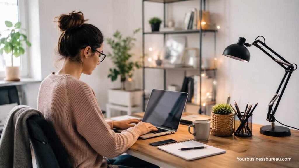 Woman working from home office on online side hustle business
