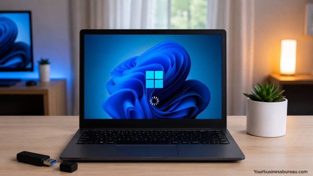 How to Download Windows 11 Safely and Install It on Any Compatible PC Windows 11 installation setup on a laptop with USB drive