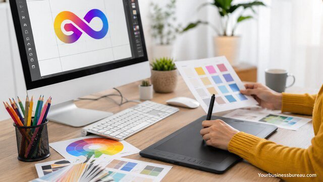 Professional graphic designer creating digital artwork in a modern workspace