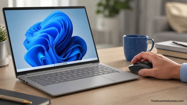 Windows 11 laptop setup on desk with official Microsoft interface