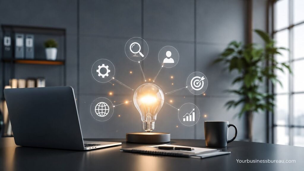 AI Business Name Generator: Create Brand Names That Build Authority and Recognition AI business branding workspace with creative startup naming concept