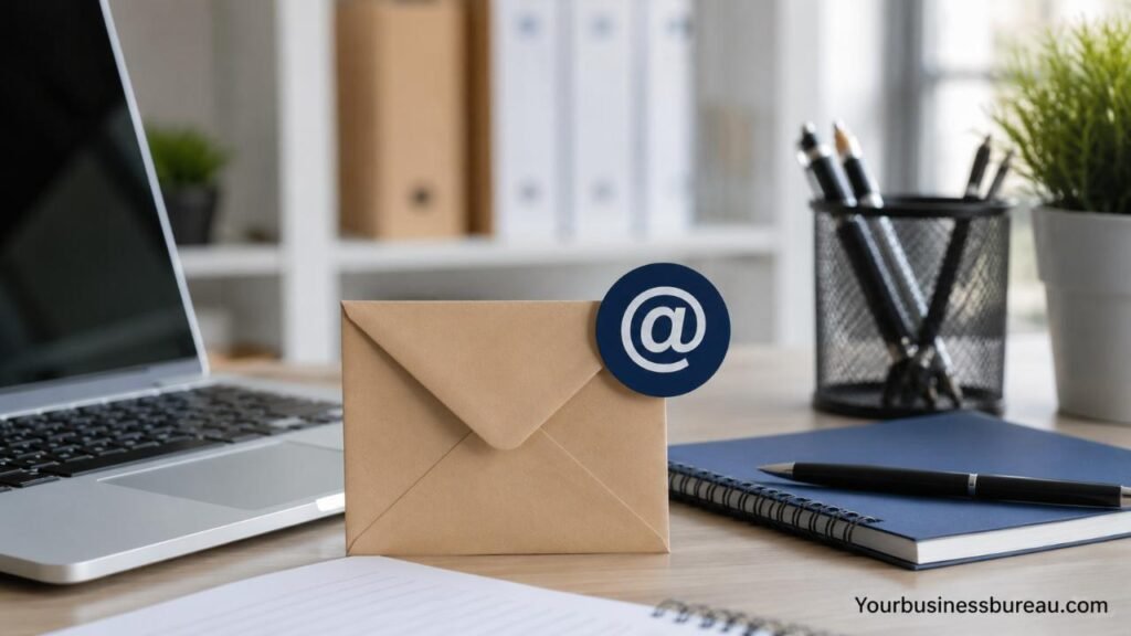 Business Email Grammar Rules That Improve Professional Communication Professional business email workspace with laptop and office desk