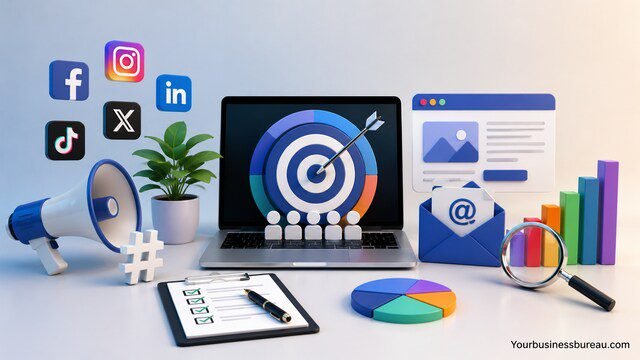 Business branding and marketing channel strategy workspace