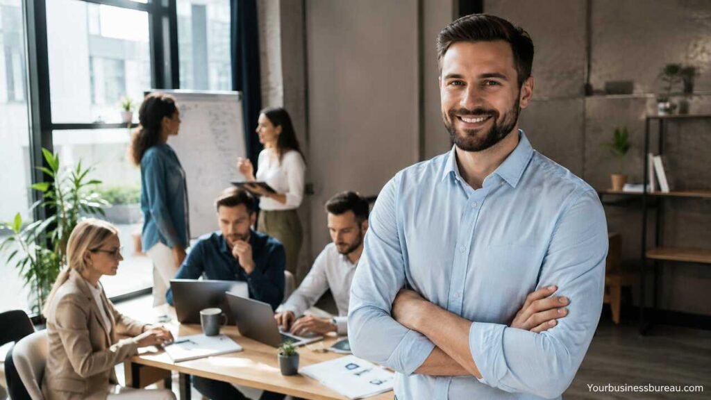Service Business Ideas That Build Steady Income and Long-Term Growth Modern professionals collaborating in a growing service business office environment