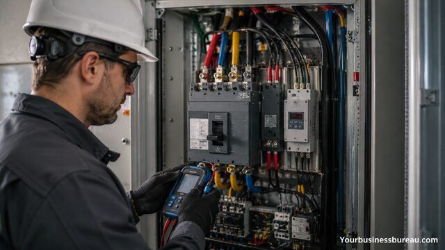 Technician checking circuit breaker and electrical load demand in control panel