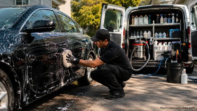 Mobile car detailing professional cleaning a black car outdoors