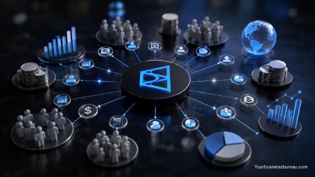 Digital illustration of Polymarket’s decentralized prediction market business model