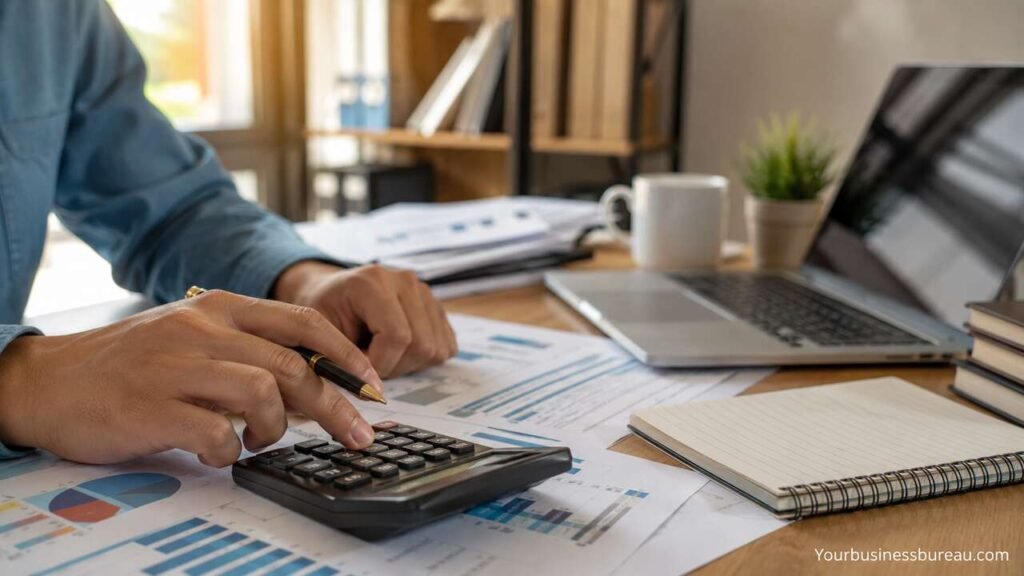 Easy Small Business Accounting: Build a Simple System to Track Money, and Make Better Decisions Small business accounting workspace with calculator and financial reports.
