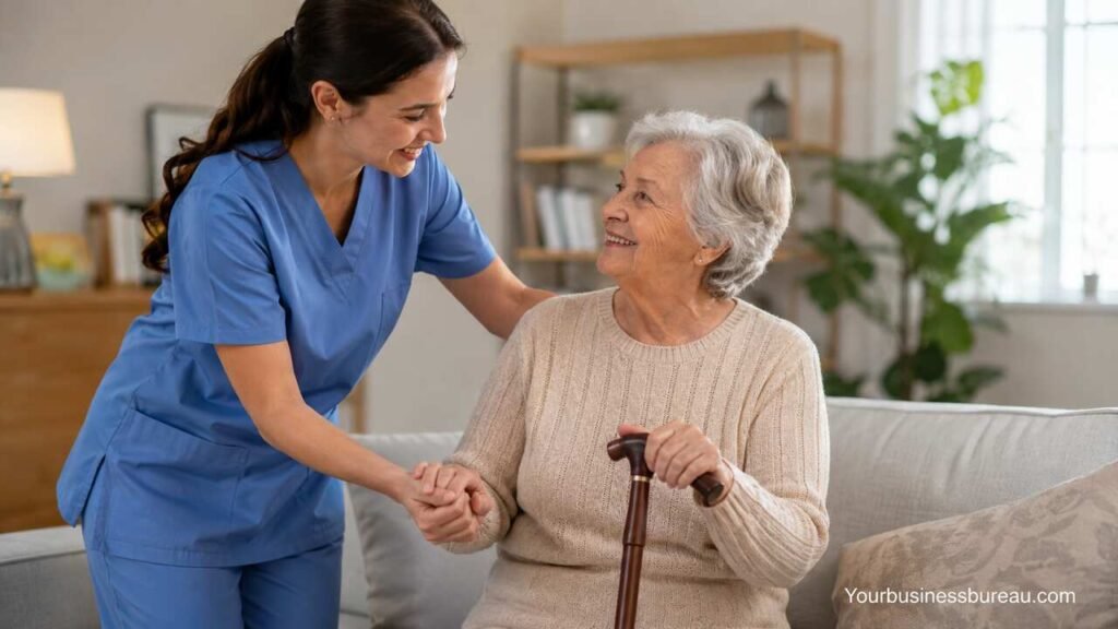 Own a Home Care Business: Guide to Starting, Running, and Growing a Successful Home Care Agency Caregiver helping an elderly woman in a modern home care setting