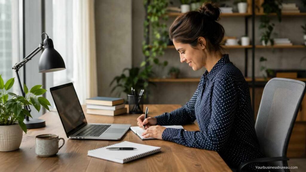 Home Business Ideas That Create Real Income and Long-Term Growth Entrepreneur working from a modern home office for business growth