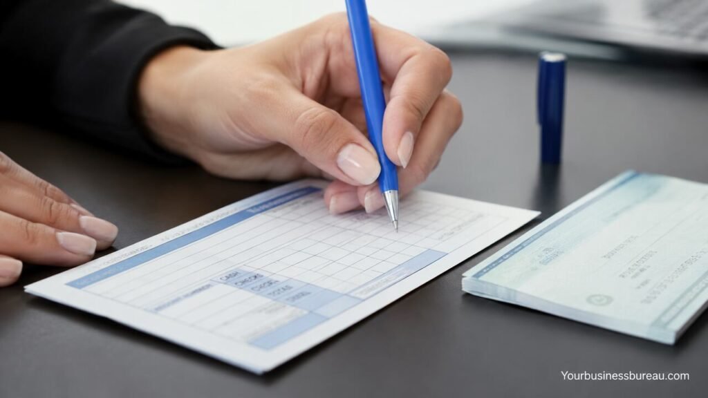How to Fill Out a Deposit Slip Correctly for Cash and Check Deposits Person filling out a bank deposit slip for cash and check deposits