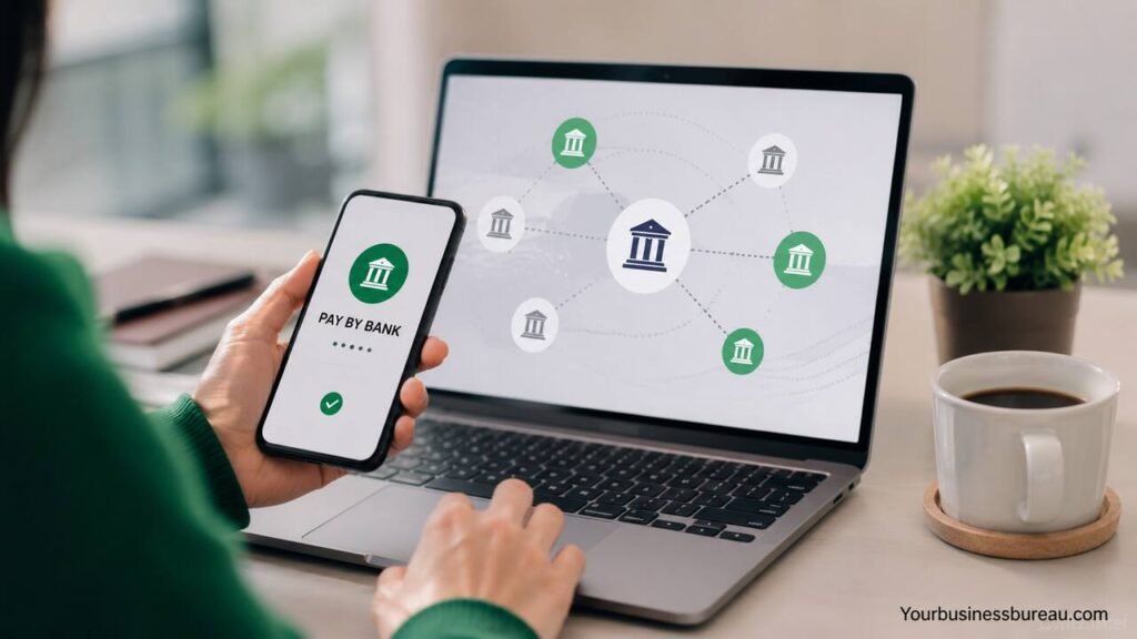 Use Trustly to Accept Fast Pay by Bank Payments Across Digital Checkouts Customer using Trustly pay by bank payment on laptop and smartphone