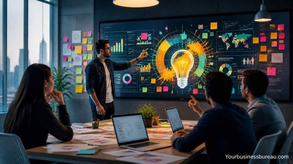 marketing team analyzing innovative campaign strategies on digital screen