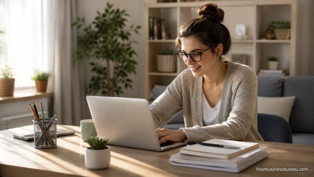 Woman working on laptop in a home business office setup