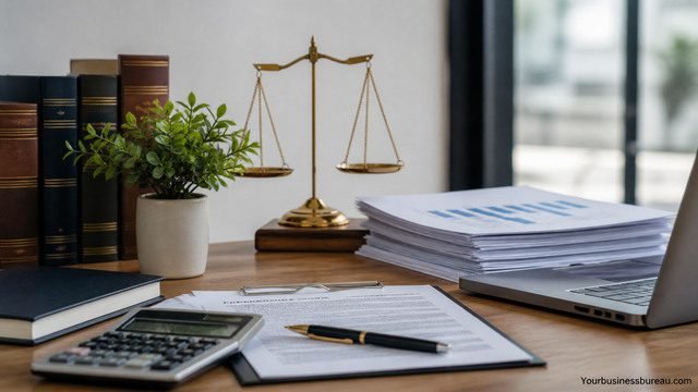Legal and financial business setup workspace with documents and scale