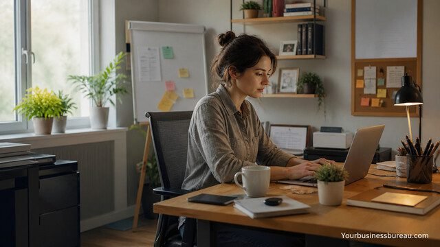 Woman marketing home business from organized workspace