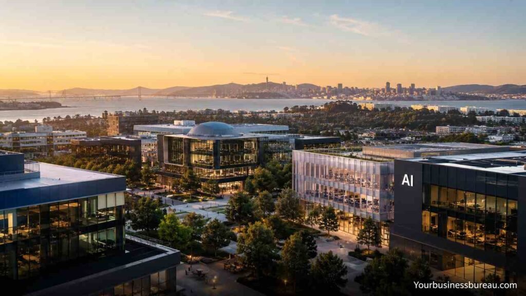 Futuristic AI startup campus in Silicon Valley with modern technology buildings at sunset