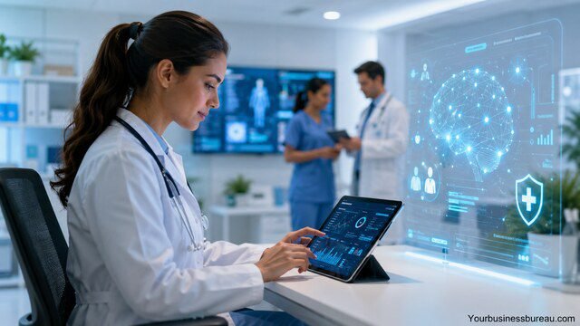 Healthcare professionals using AI technology in a modern clinical operations center.