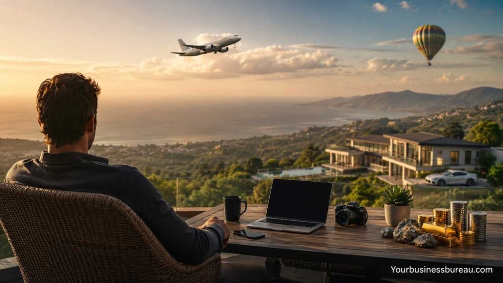Luxury lifestyle with unconventional assets and passive income symbols overlooking an ocean sunset