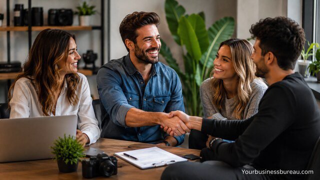 Business professionals building long-term influencer marketing partnerships in a modern office